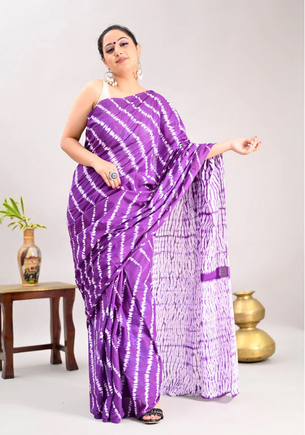 VIOLET COLOR WITH WHITE SHIBORI PRINT PURE SOFT COTTON Sari