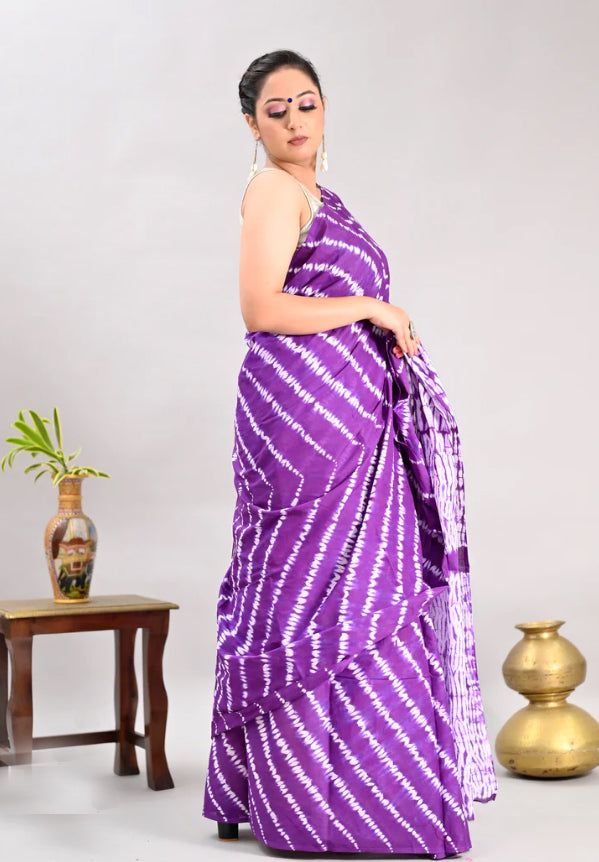 VIOLET COLOR WITH WHITE SHIBORI PRINT PURE SOFT COTTON Sari