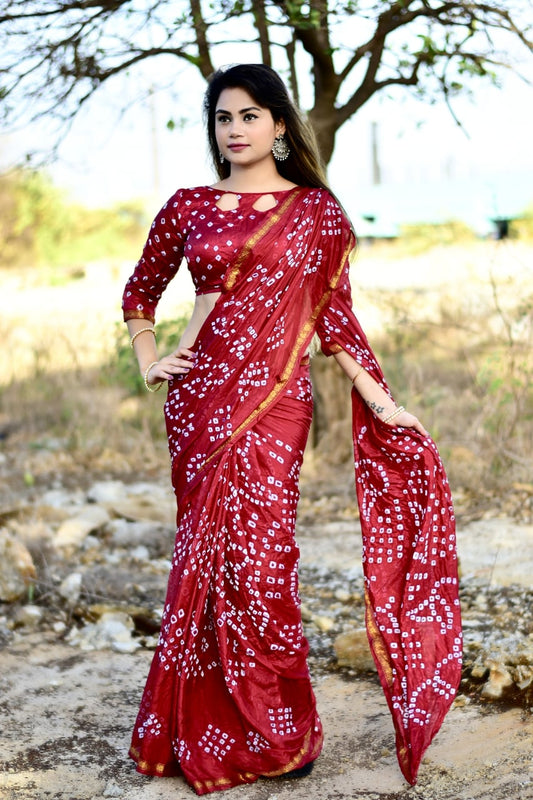 Beautiful Hand Bandhej Silk  saree Maroon