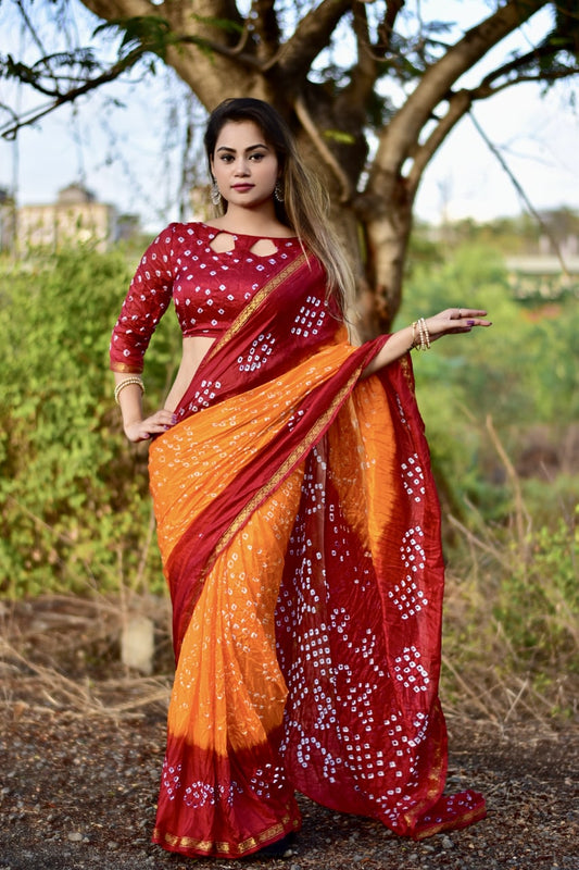 Beautiful Hand Bandhej Silk  saree Red Orange