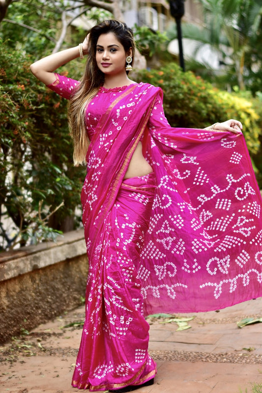 Beautiful Hand Bandhej Silk  saree Pink