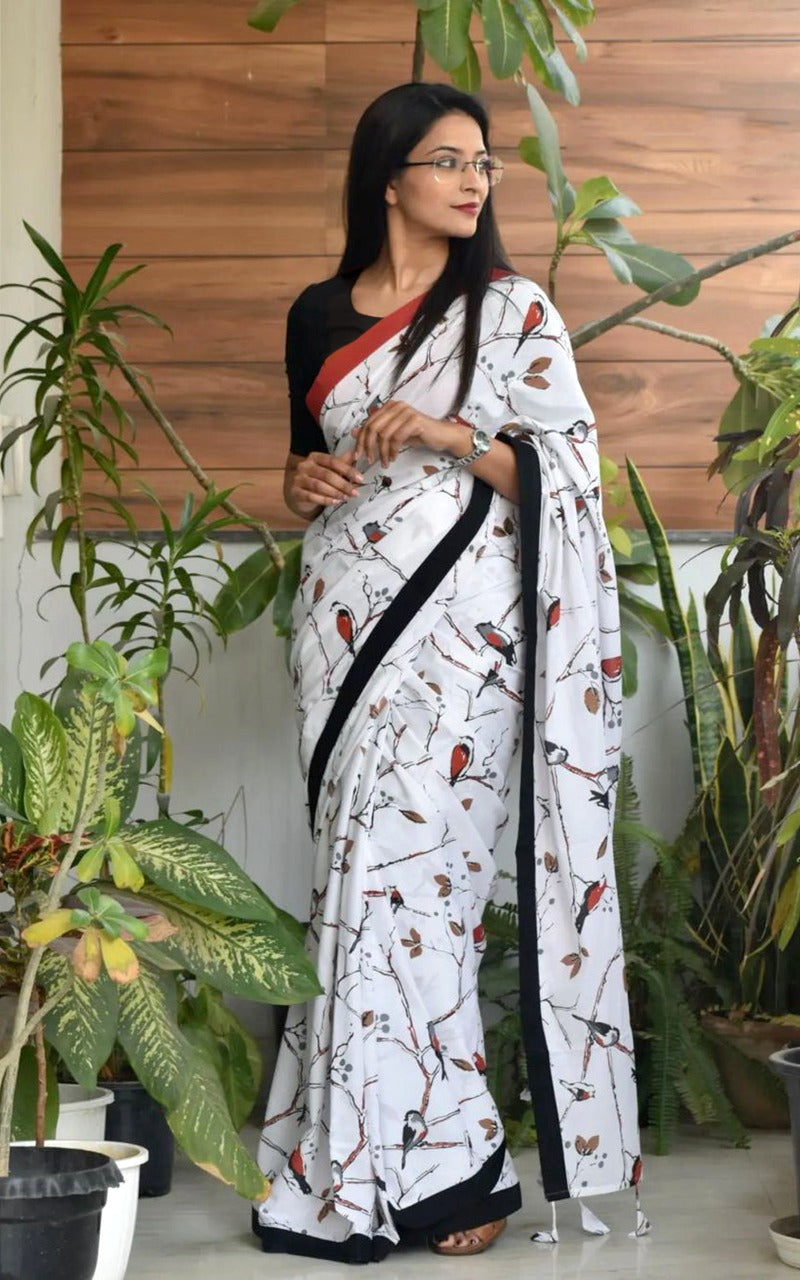 Handicraft Women's Ikat Pure soft Cotton Saree With Blouse Piece Sparrow