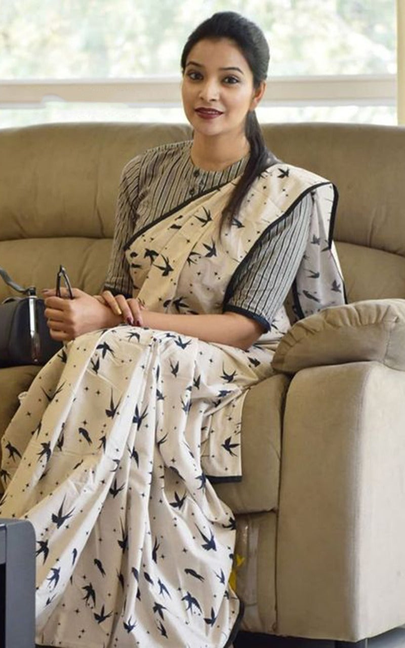 Handicraft Women's Ikat Block Print Pure soft Cotton Saree With Blouse Piece panchi
