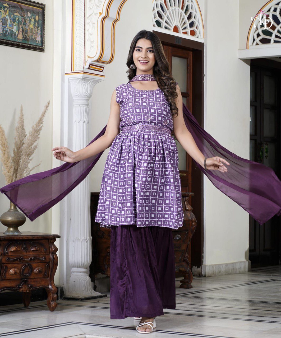 Sharara Suits In *Lovely Purple Color With *Mirror Worked Soft Silk Dupatta & Belt*
