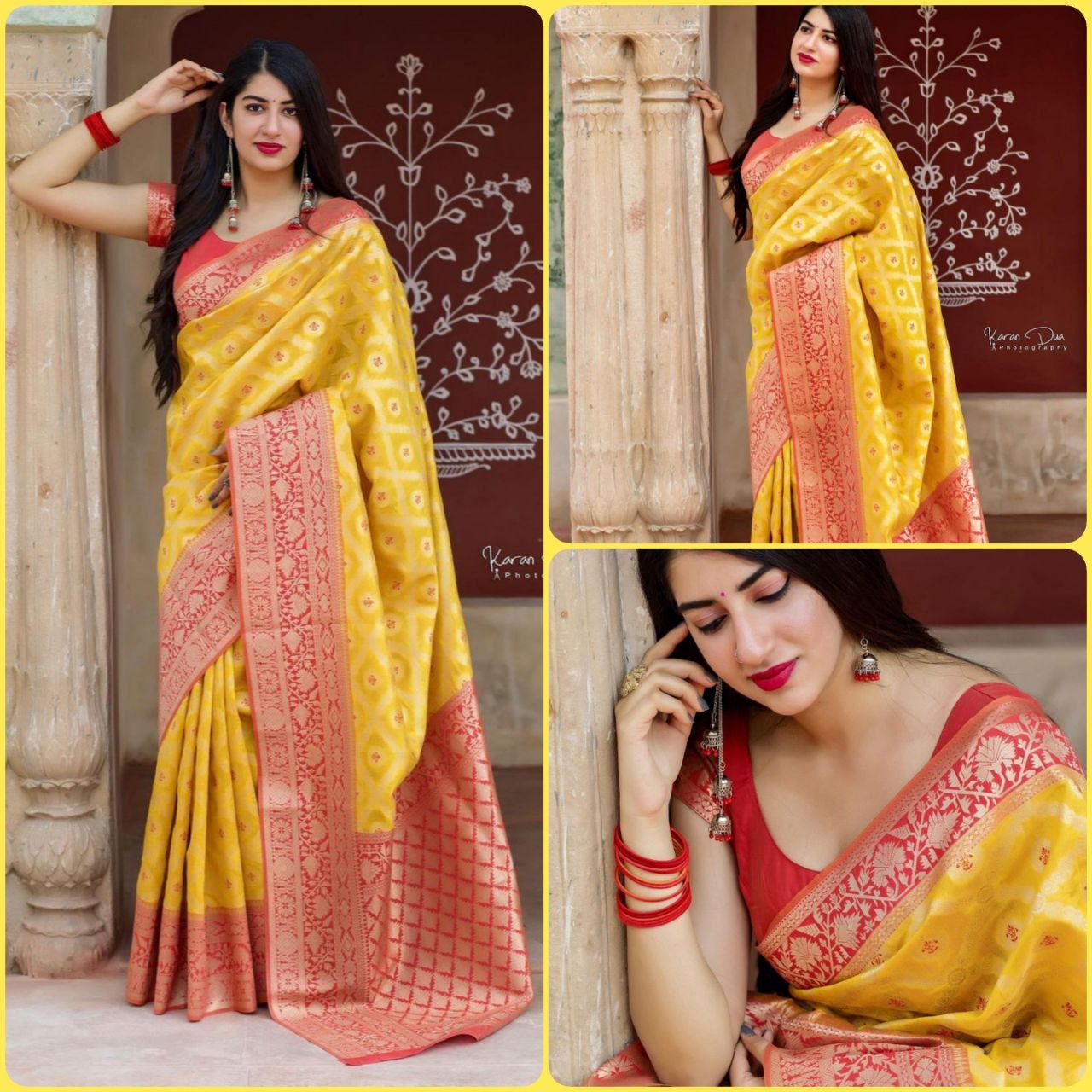 Women's Kanjivaram Banarasi Soft Silk Zari Woven  Saree With Blouse piece Yellow Patola