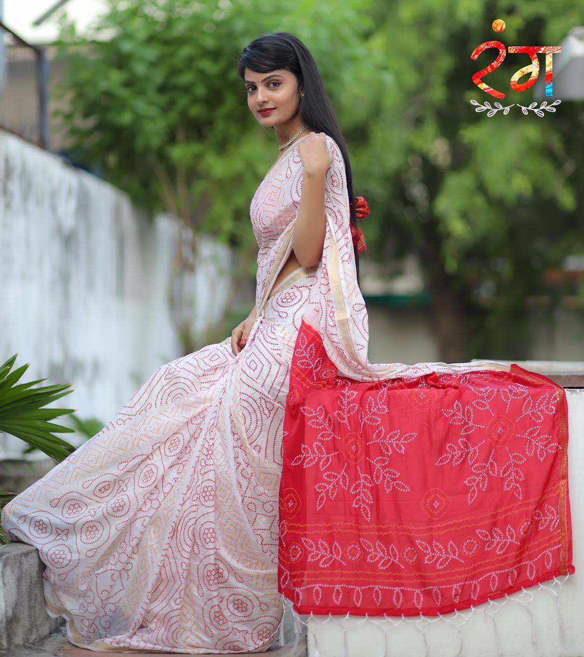 Handicraft Ladies Bandhani Print Pure soft Cotton Sari With Blouse Piece Rang red