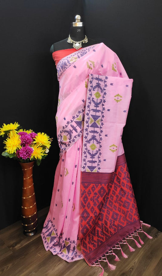 PURE LIGHT COTTON JACQUARD SILK WITH WEAVING BORDER AND CONTRAST PALLU AND BLOUSE WITH EXTRA ORDINARY DESIGN 4