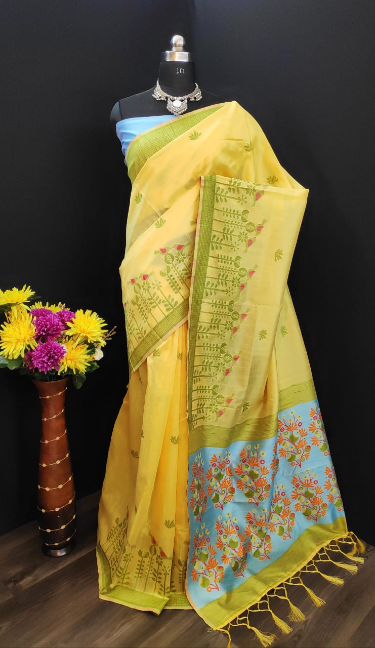 PURE LIGHT COTTON JACQUARD SILK WITH WEAVING BORDER AND CONTRAST PALLU AND BLOUSE WITH EXTRA ORDINARY DESIGN