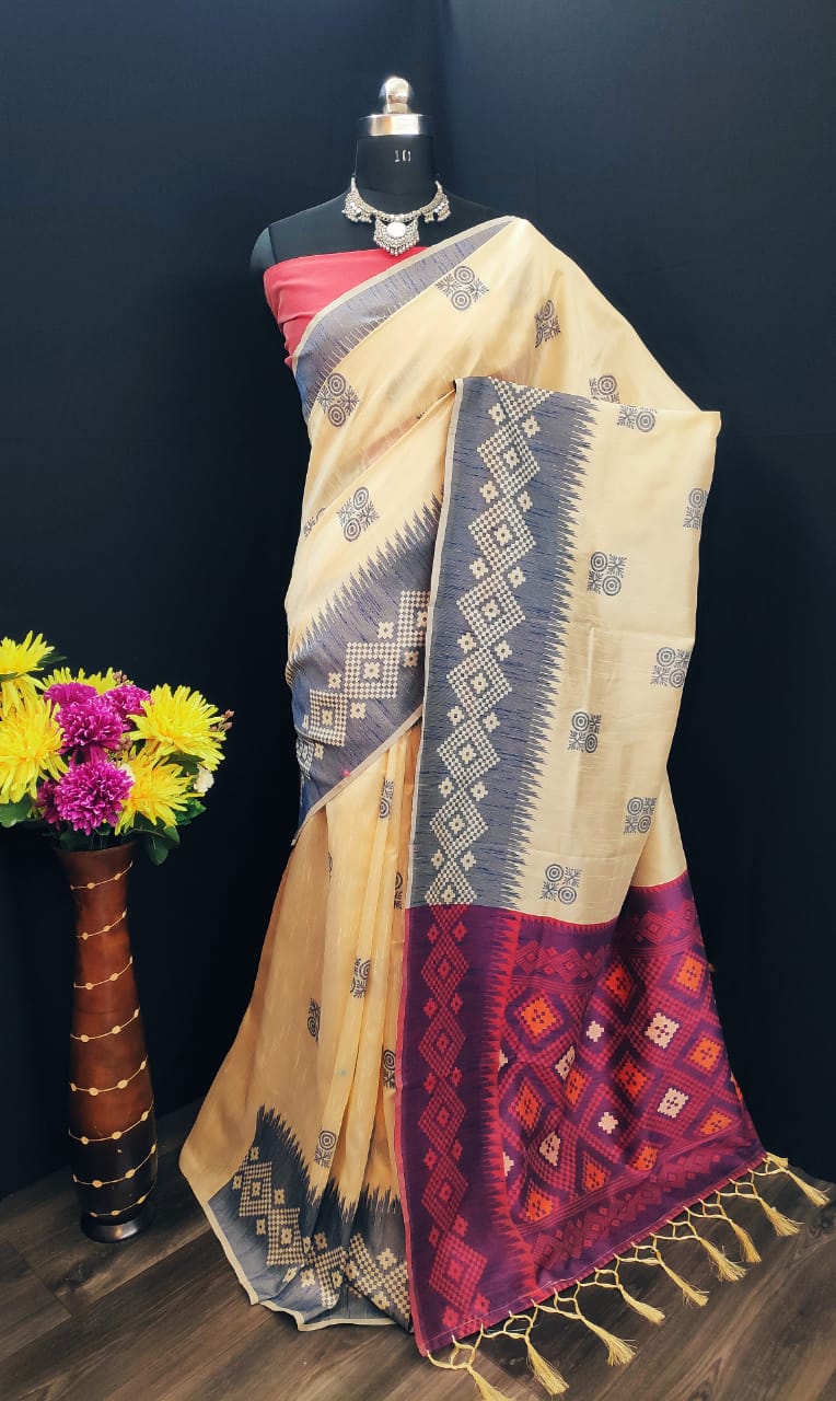 PURE LIGHT COTTON JACQUARD SILK WITH WEAVING BORDER AND CONTRAST PALLU AND BLOUSE WITH EXTRA ORDINARY DESIGN 3