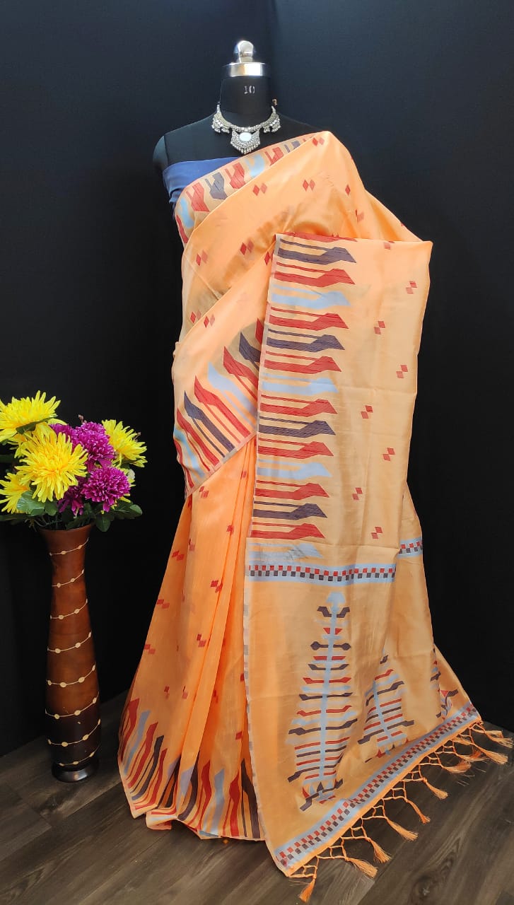 PURE LIGHT COTTON JACQUARD SILK WITH WEAVING BORDER AND CONTRAST PALLU AND BLOUSE WITH EXTRA ORDINARY DESIGN 2