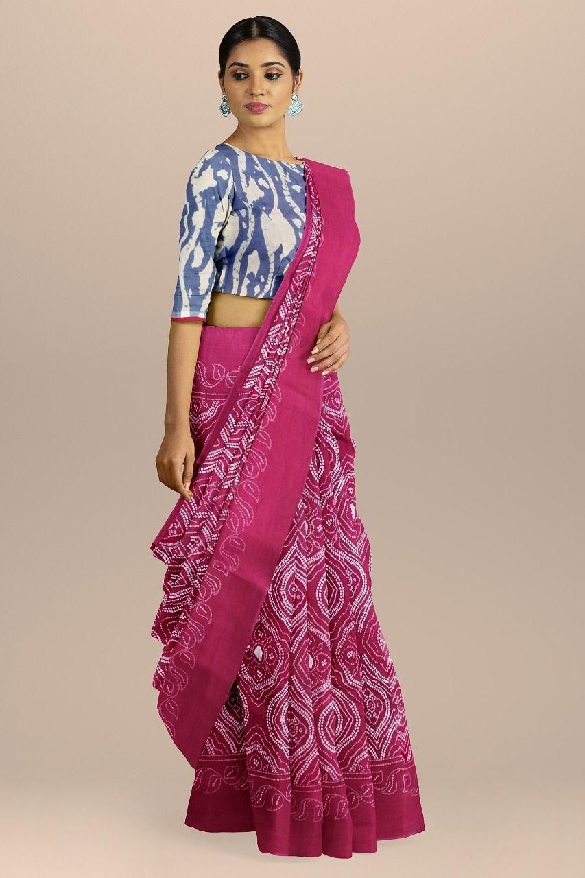 Handicraft Ladies Ikat Pure soft Cotton Sari With Blouse Piece Ragini Pink