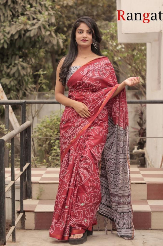 Handicraft Women's  Bandhani Print Pure soft Cotton Saree With Zari Border and Blouse Piece Rangat Maroon