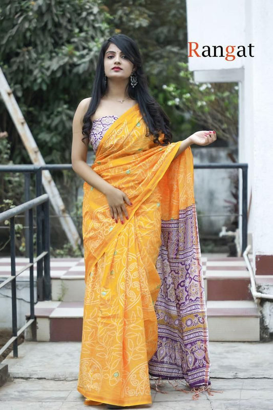 Handicraft Ladies  Bandhani Print Pure soft Cotton Sari With Zari Border and Blouse Piece Rangat Yellow