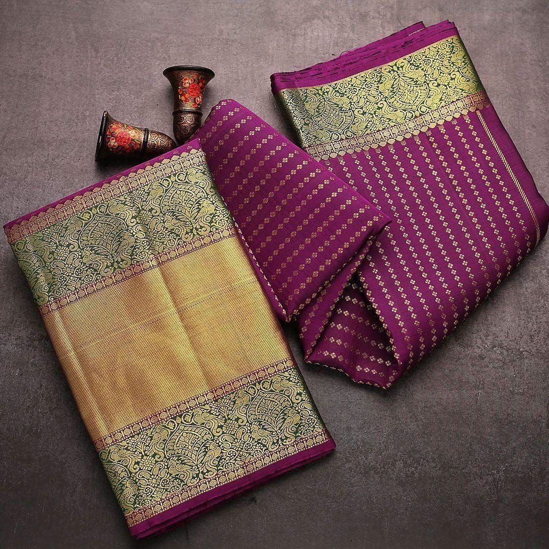 Ladies Kanjivaram Banarasi Soft Silk  Zari Woven Sari With Blouse piece purple