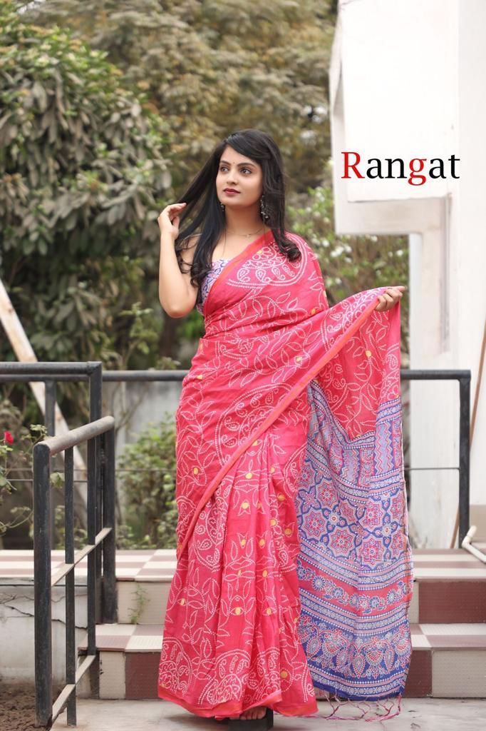 Handicraft Ladies  Bandhani Print Pure soft Cotton Sari With Zari Border and Blouse Piece Rangat pink