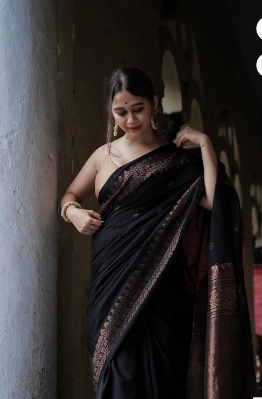 Women's Kanjivaram Banarasi Soft Cotton Silk Copper Zari Woven Saree With Blouse piece