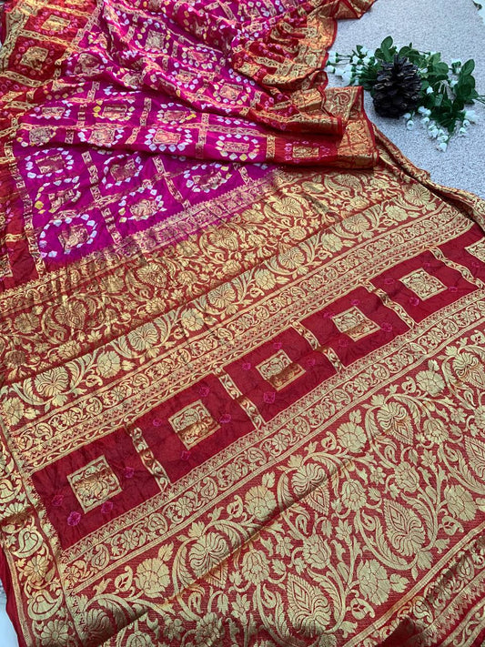 Pure Bandhej SAREE  With zari weaving in Border with Zari Weaving Rich Pallu