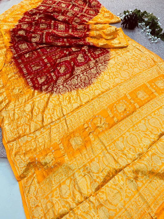 Pure Bandhej SAREE  With zari weaving in Border with Zari Weaving Rich Pallu