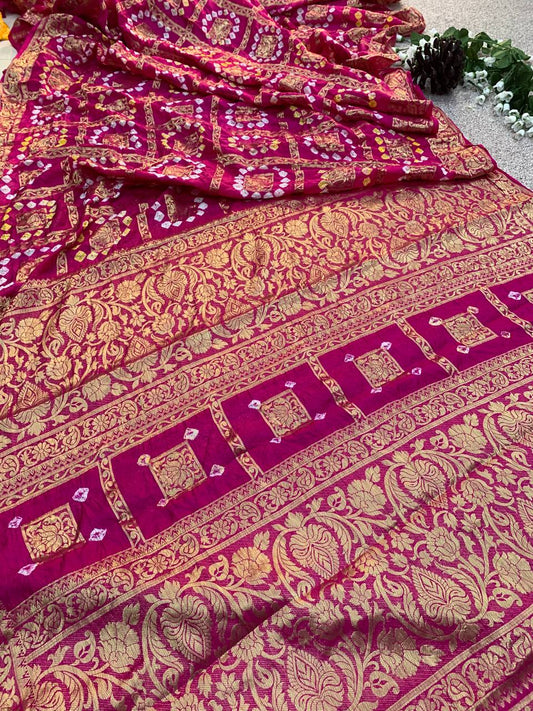 Pure Bandhej SAREE  With zari weaving in Border with Zari Weaving Rich Pallu