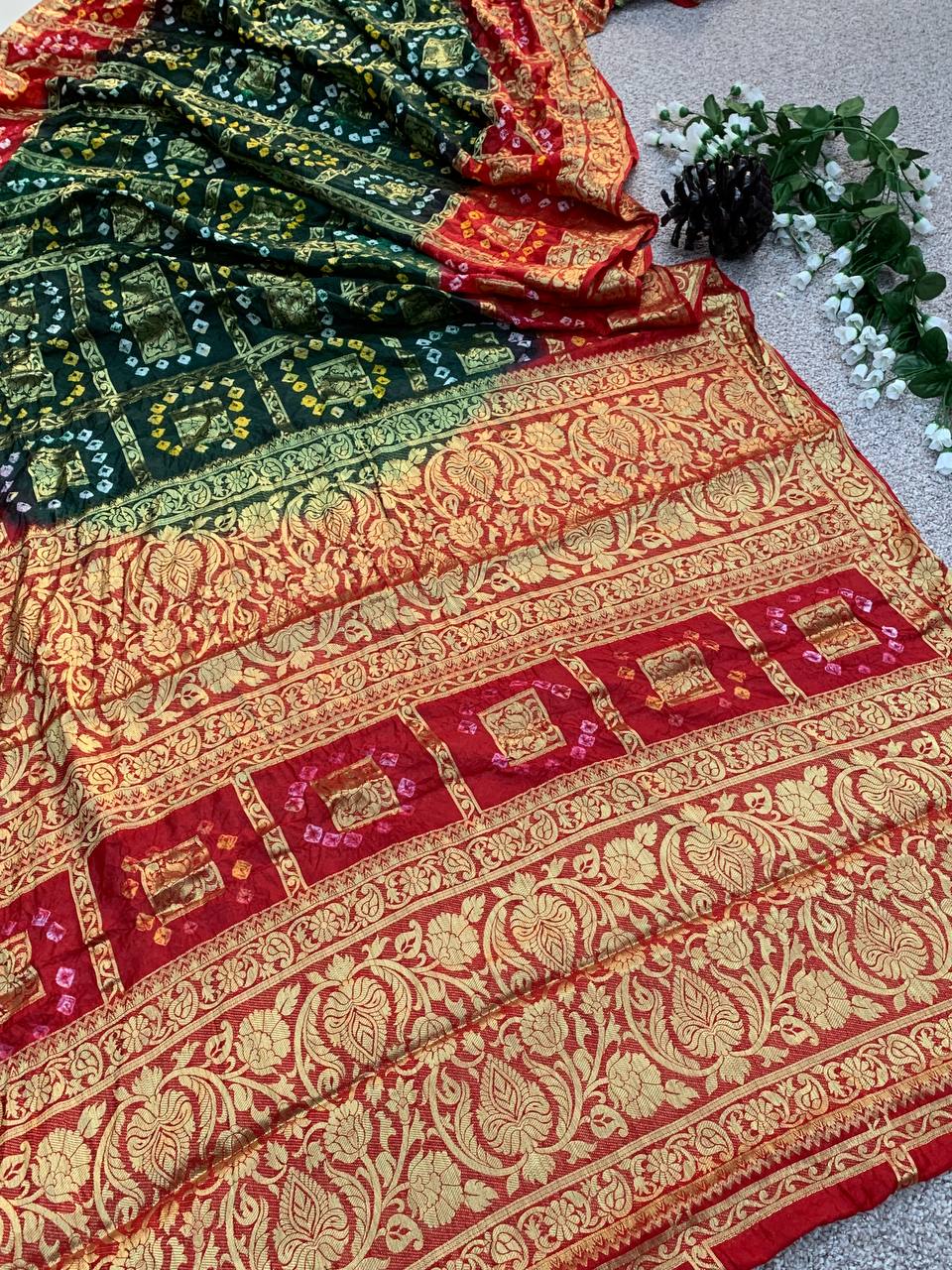 Pure Bandhej SAREE  With zari weaving in Border with Zari Weaving Rich Pallu