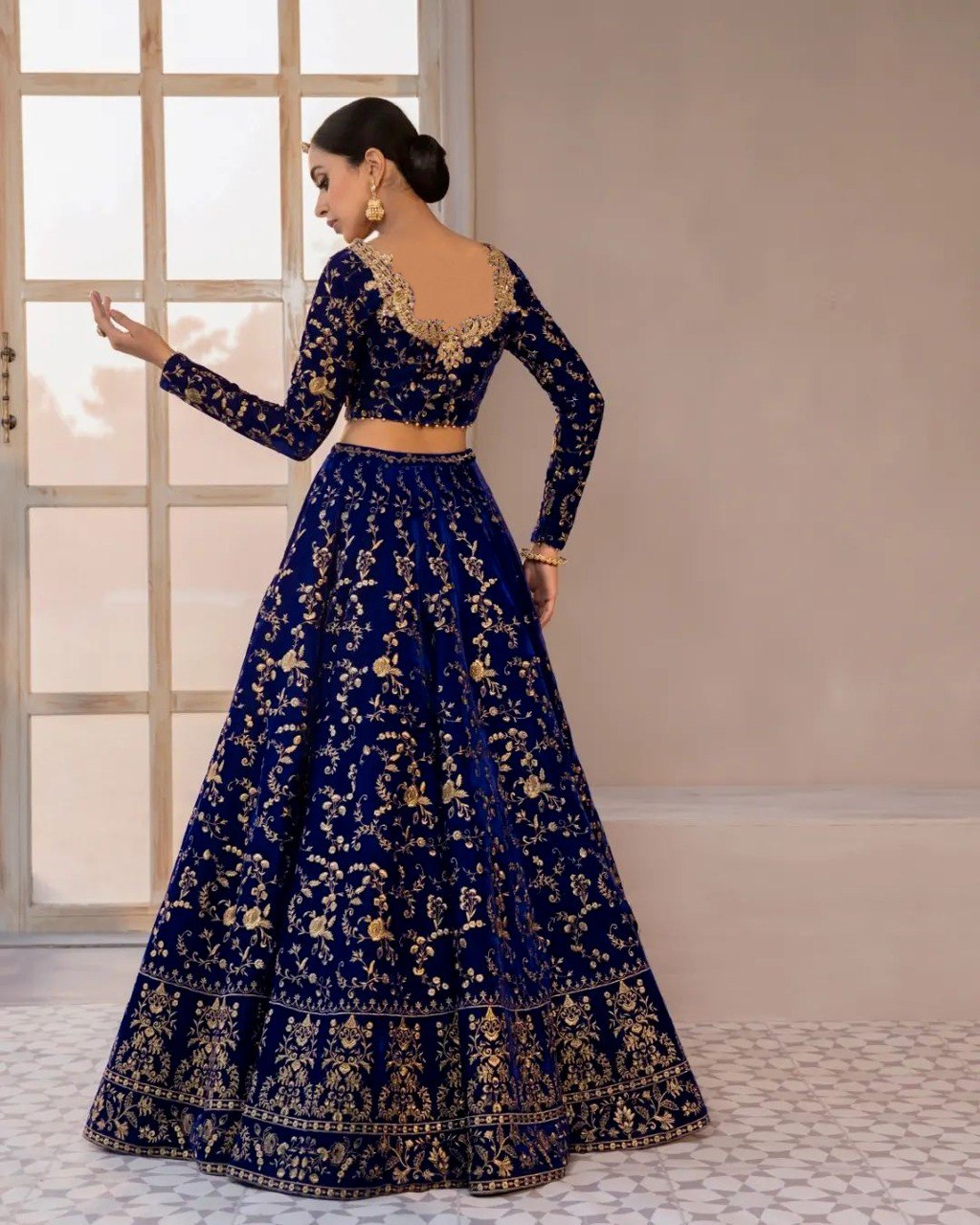 Navy Blue Colour Embroidered Attractive Party Wear Velvet Lehenga choli .