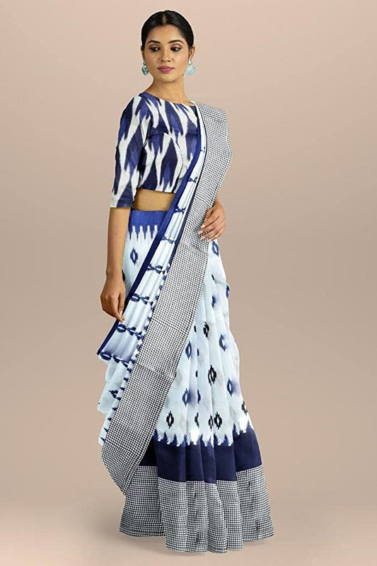 Handicraft Women's Pure soft Cotton Block Printed Casual Wear Saree With Blouse Piece Ragini White Blue