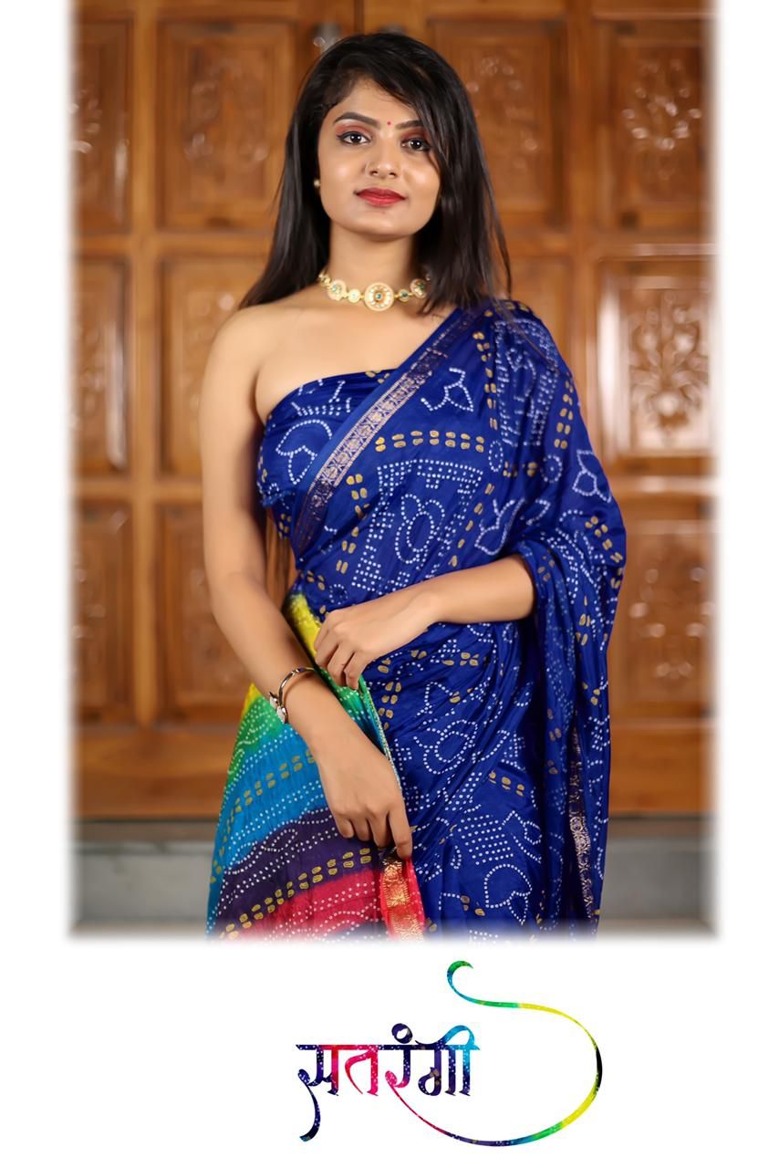 Handicraft Women's Bandhani Print Pure soft Cotton Saree With Blouse Piece Satrangi Blue