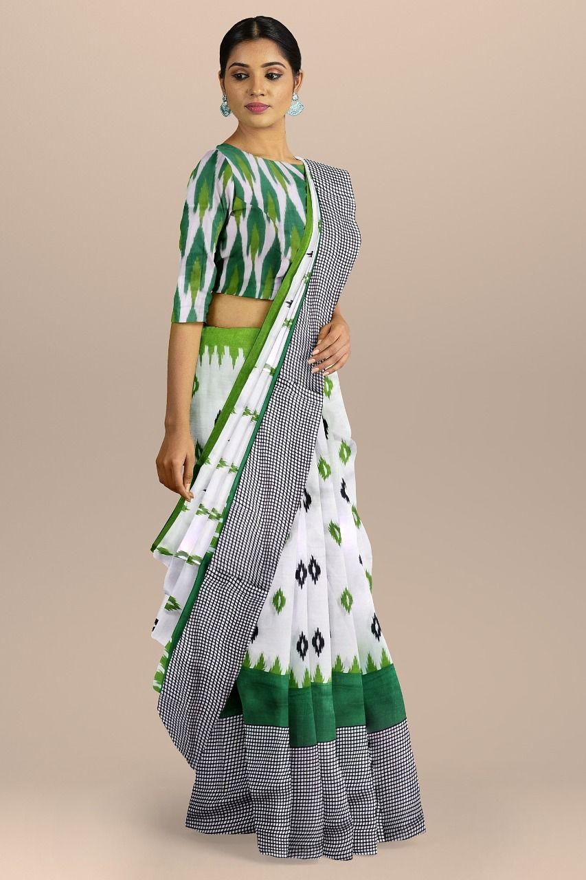 Handicraft Women's Pure soft Cotton Block Printed Casual Wear Saree With Blouse Piece Ragini White green